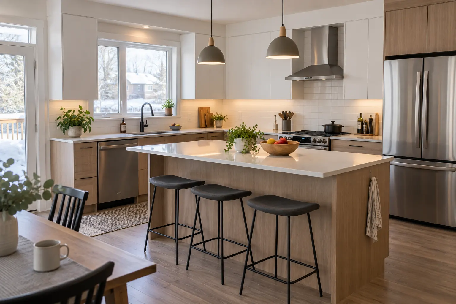 Cuisine rénovée avec îlot de bois et comptoir blanc