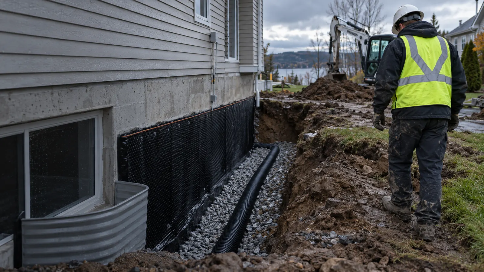 Ouvrier en dossard près d’une tranchée de drain français le long d’une maison, mini-pelle en arrière-plan