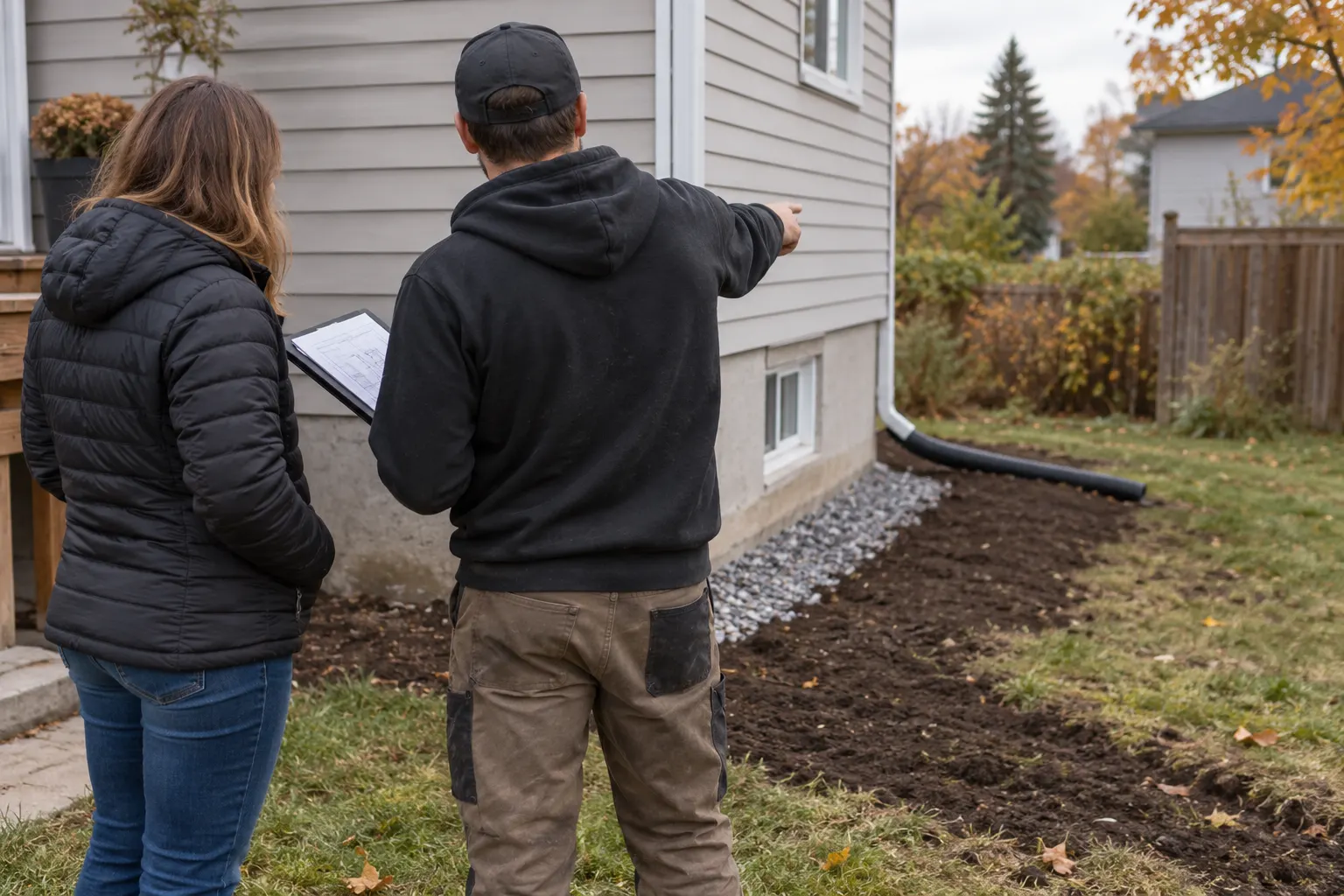 Entrepreneur avec un plan qui montre à une propriétaire le tracé d’un drain le long de la fondation
