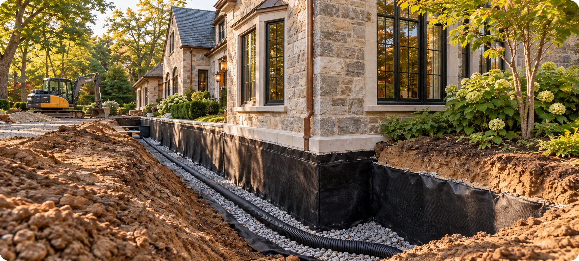 Tranchée de drain français le long d’une fondation de pierre, membrane noire, gravier et tuyau perforé, mini-pelle en arrière-plan