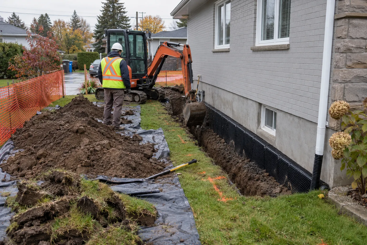 Mini-pelle et tranchée le long d’une fondation avec membrane alvéolée