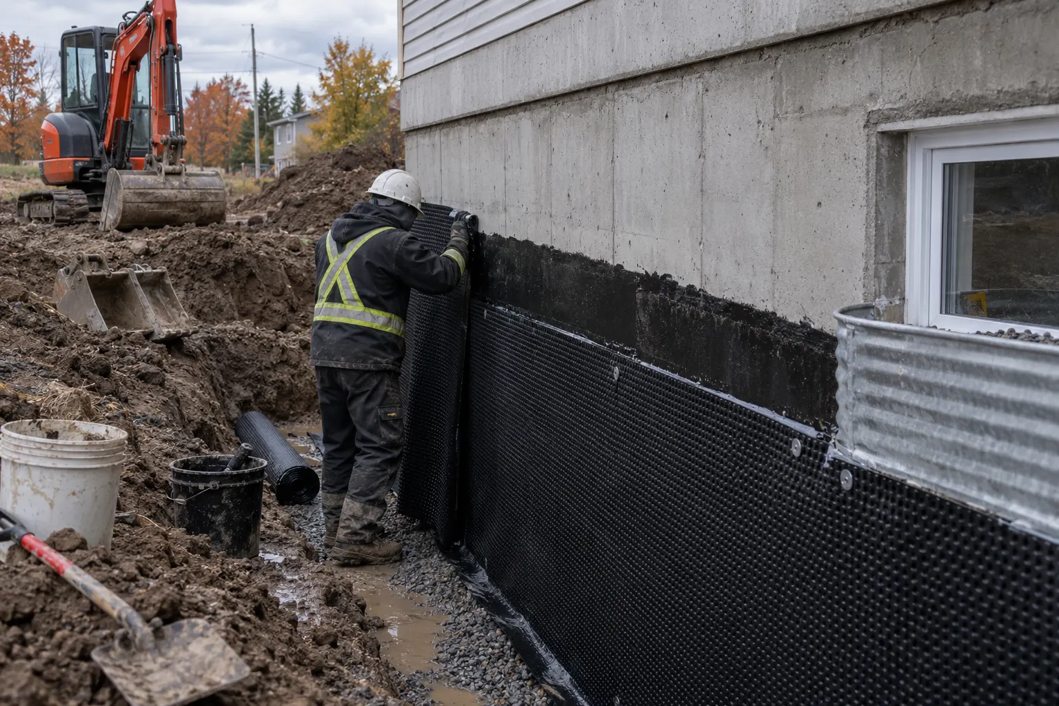 Ouvrier qui fixe une membrane alvéolée noire sur une fondation excavée