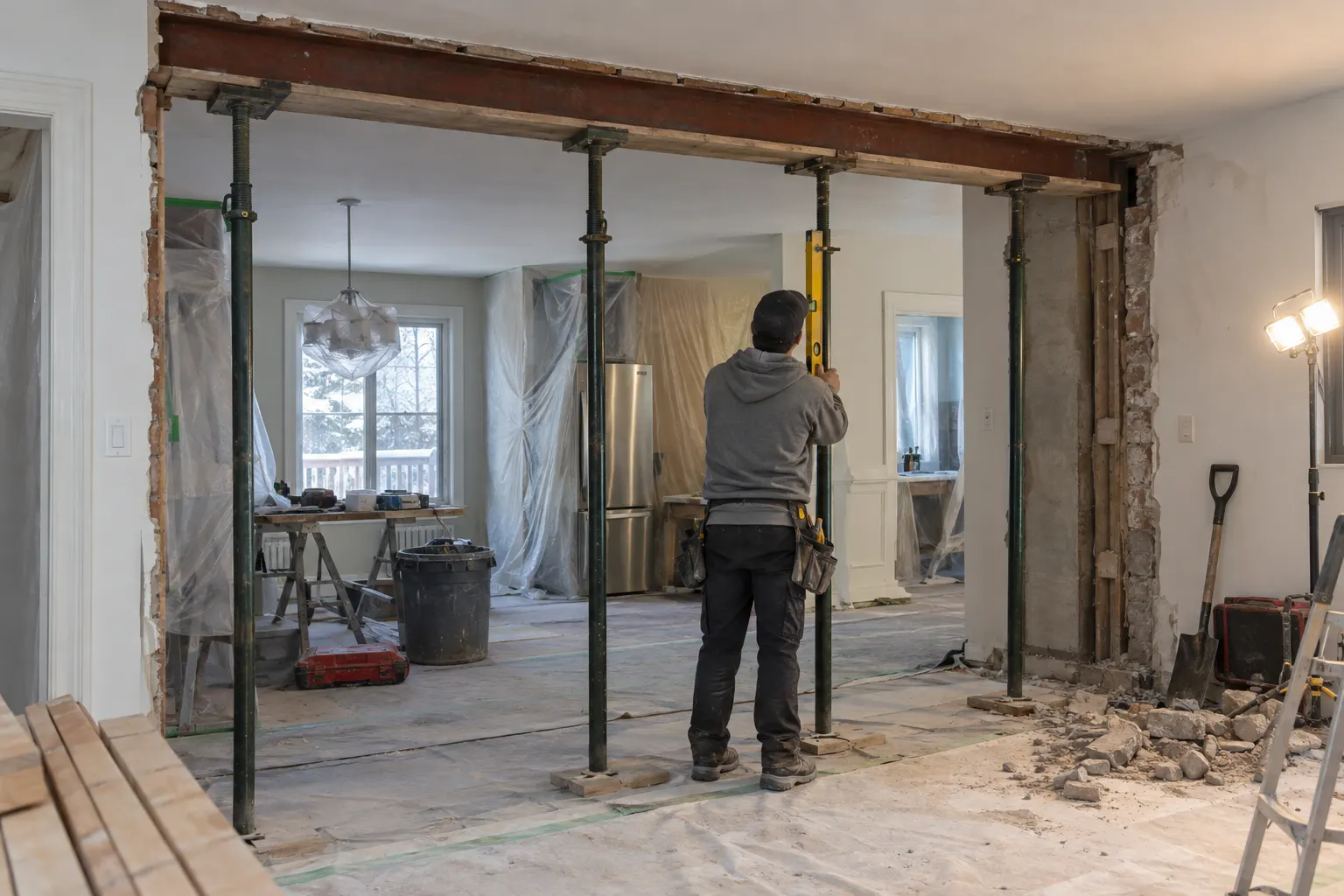 Poutre d’acier et étais lors du retrait d’un mur porteur