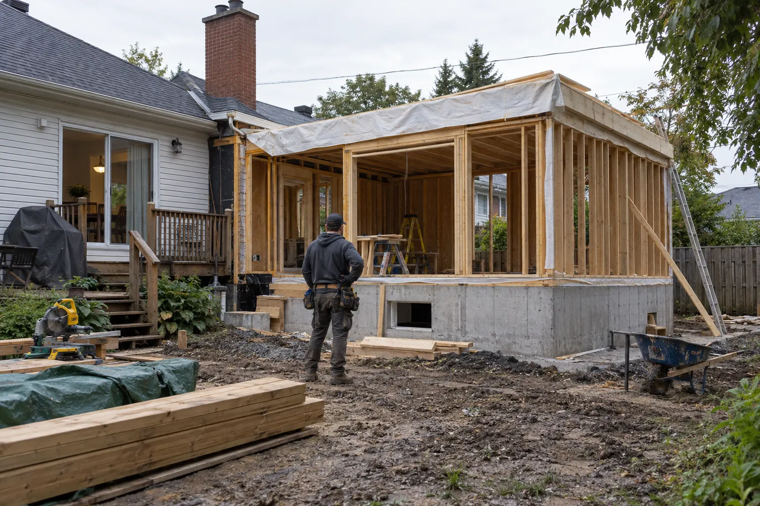Rallonge en construction sur fondation neuve avec toit temporaire