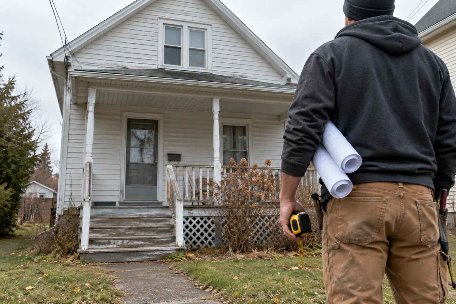 Entrepreneur avec plans et ruban devant une maison ancienne
