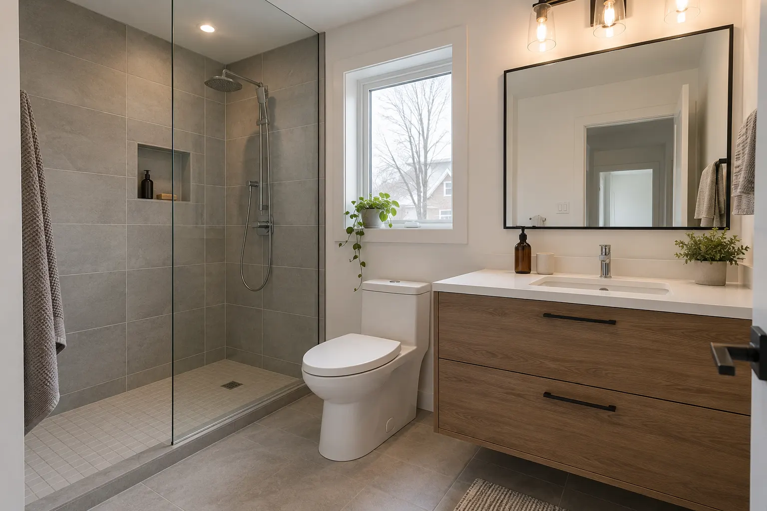 Salle de bain rénovée avec douche vitrée et meuble-lavabo en bois